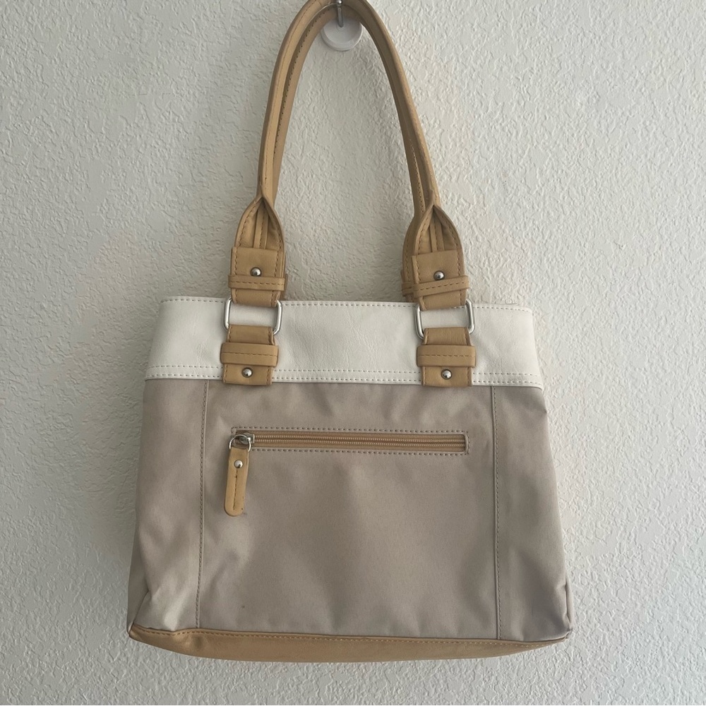 Tan Cream Tyler Rodan Bag Purse Large Pockets Magnette Closer Zipper Lined - Picture 2 of 16